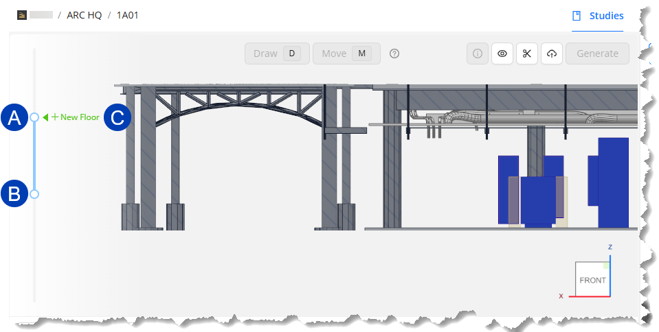 Diagram showing structural elements and a new floor addition in a building design.